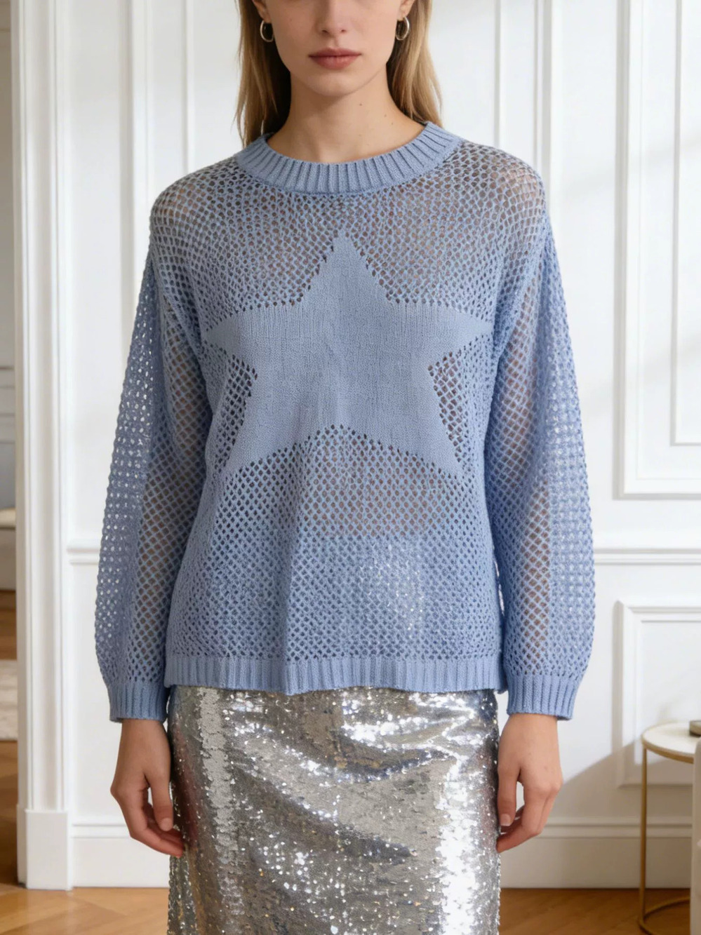 ZARA Party Festival Star Loose Long Sleeve Knit Top Sheer Solid Slim
